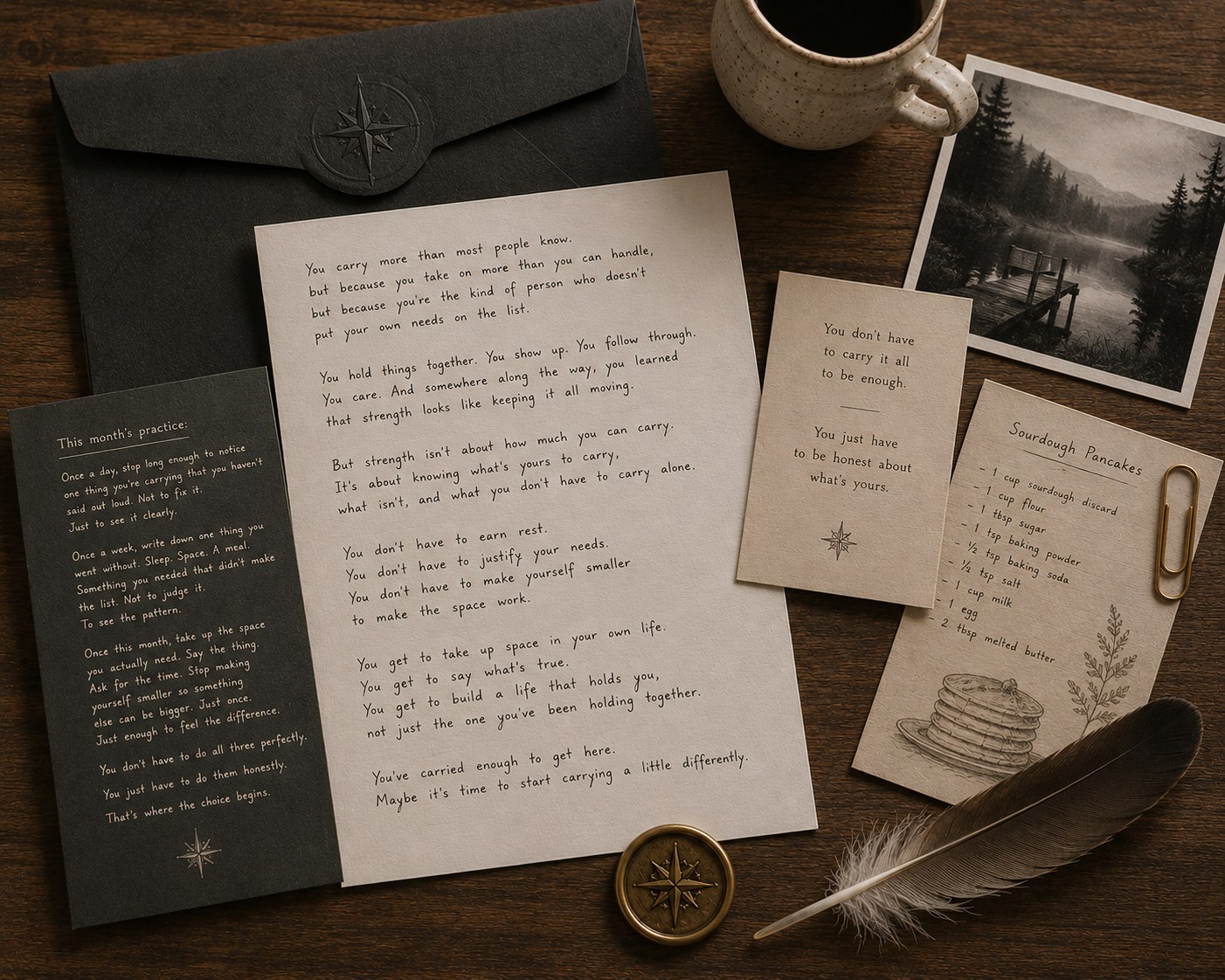 A black wax-sealed envelope beside a handwritten letter, practice card, quote card, and recipe card