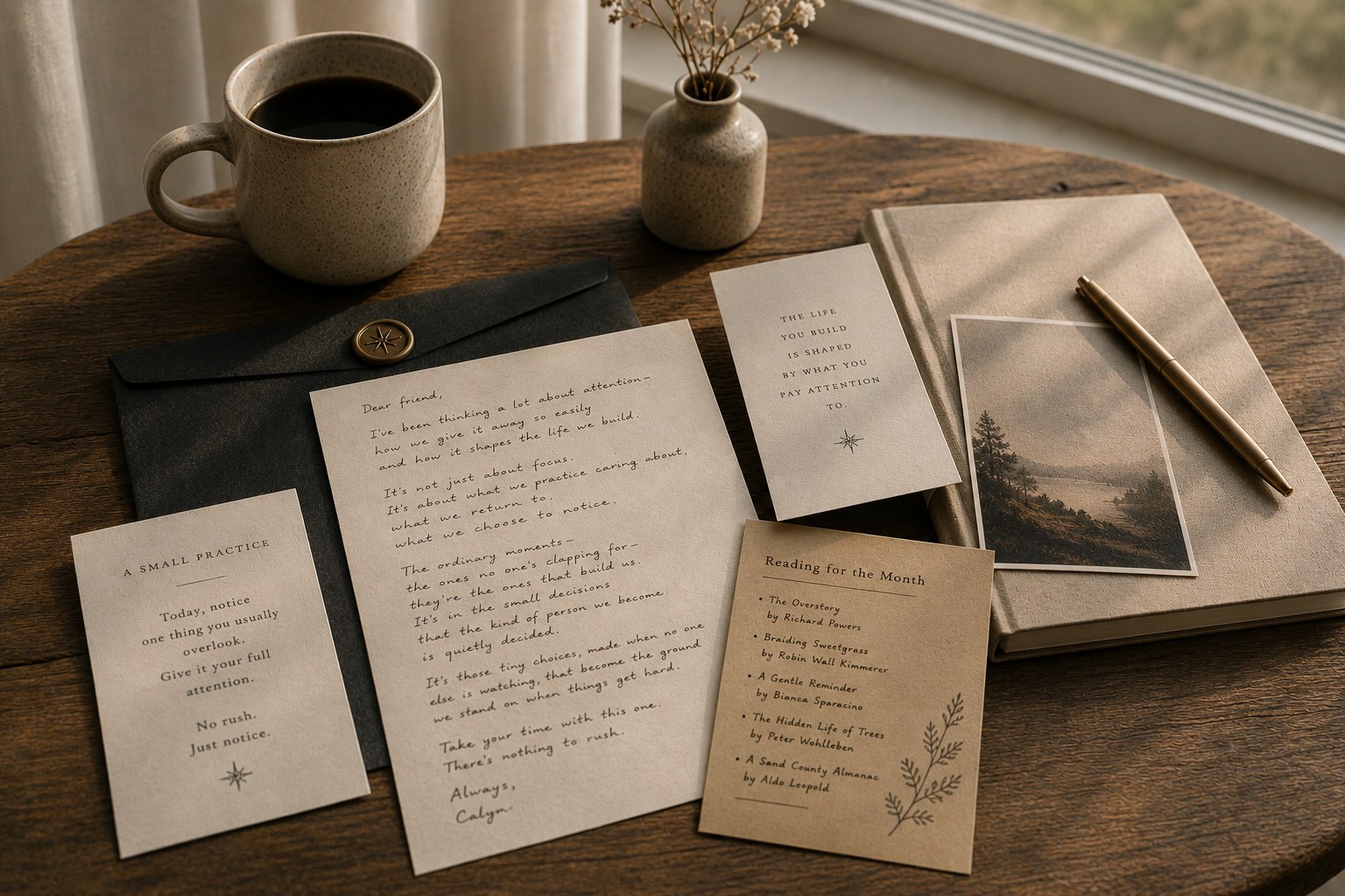 A handwritten letter, practice card, and photograph beside a coffee mug and vase on a sunlit wooden table