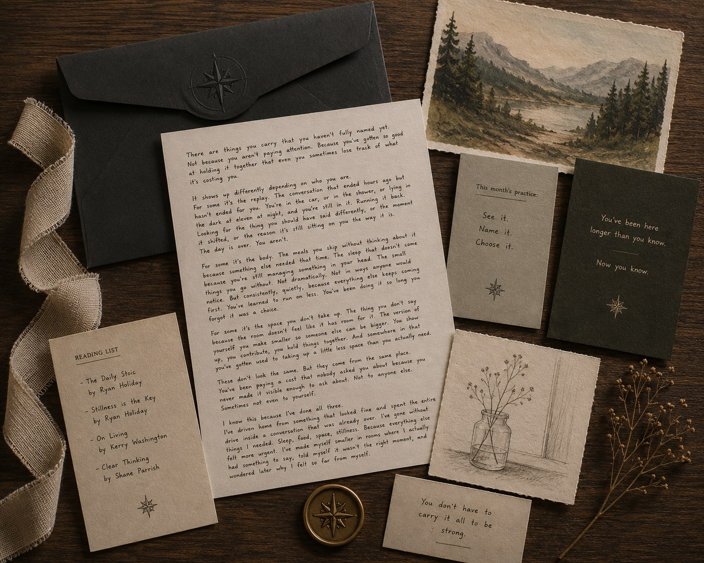 A handwritten letter, practice cards, reading list, and watercolor painting beside a black wax-sealed envelope