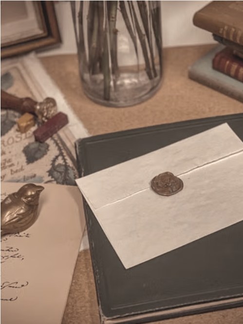 A black wax-sealed envelope resting on a book, with a wax seal stamp and vase in the background