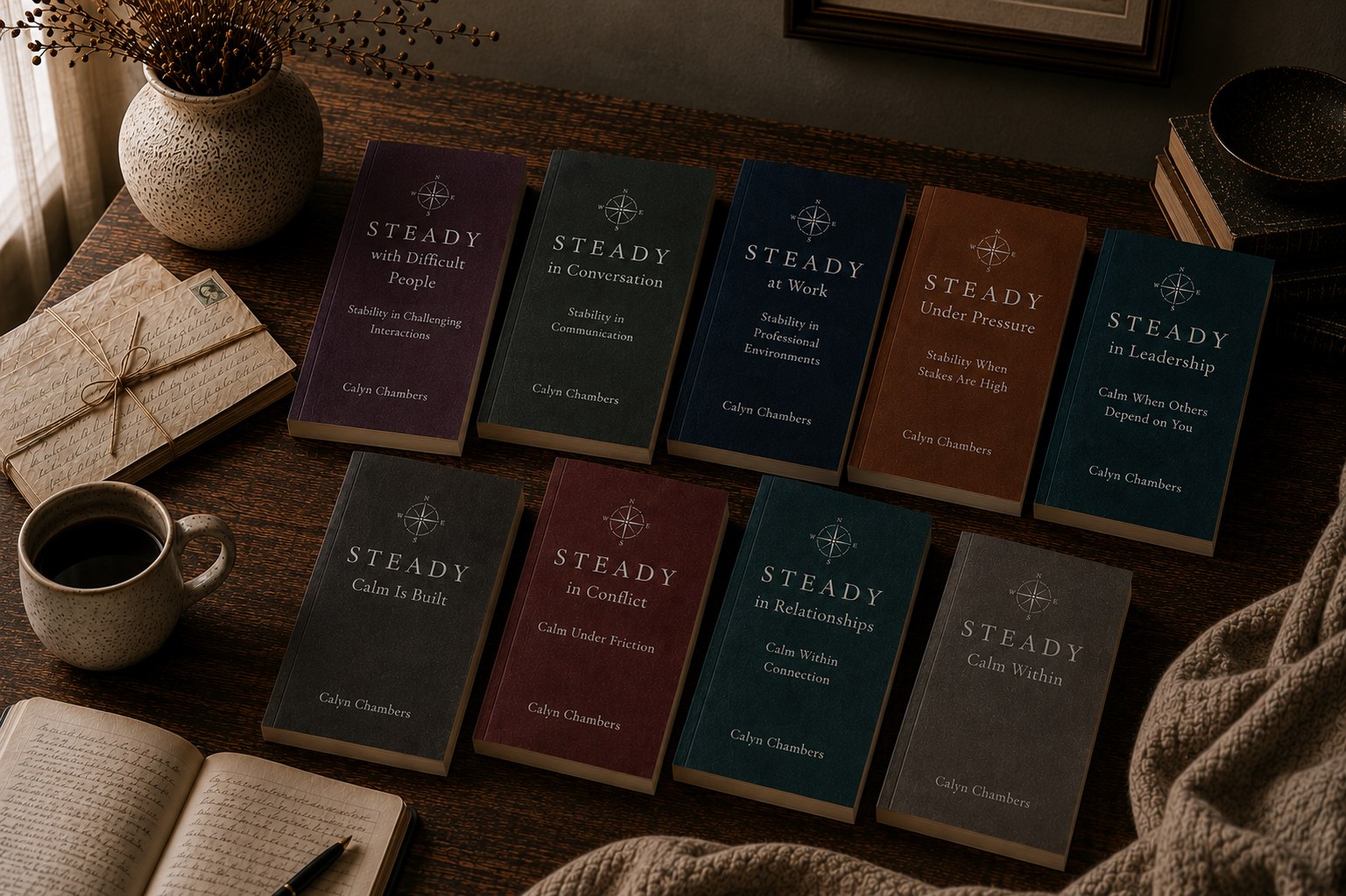 The nine STEADY books arranged on a wooden desk beside a journal, coffee, and letters